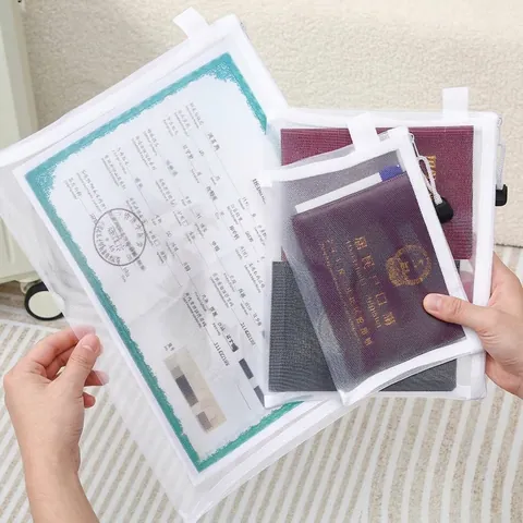 Transparent Mesh Document Organizer Bag Zippered Travel Passport Holder Portable Polyester Pouch For Identity Cards Files
