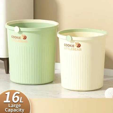 Plastic Trash Can With Press Ring Large Capacity Waste Basket Cute Bear Pattern Garbage Bin For Kitchen Bathroom Office