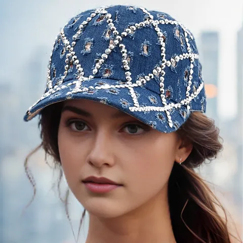Gorra de Béisbol Envejecida con Diamantes de Imitación y Remaches para Mujer Hombre Look Denim Retro Patrón Cuadrícula Sombrero Trucker