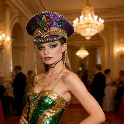 Mardi Gras Lila Pailletten Kapitän Mütze Mit Fleur De Lis Strass Grün Gold Perlen Bühne Party Militär Hut Unisex