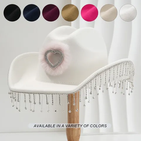 Western Cowboy Hat For Women Rhinestone Heart Tassel Feather Bride Top Hat Polyester Woven Carnival Wedding Stage Party Hat