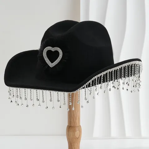 Western Cowboy Hat For Women Rhinestone Heart Tassel Feather Bride Top Hat Polyester Woven Carnival Wedding Stage Party Hat