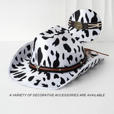 Western Cowboy Hat For Women Men Black White Cow Print Cowboy Hat With Metal Cow Head Decorative Leather Strap Wide Brim Party Hat