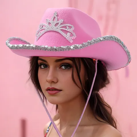 Damen Rosa Western Cowboy Hut Mit Strass Krone Tiara Silber Paillettenbesatz Performance Jazz Hut Fedora
