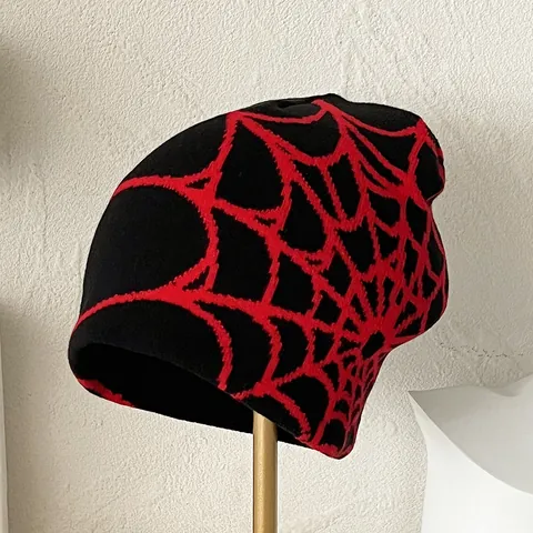 Spinnennetz Muster Jacquard Strickmütze Beanie Unisex Streetwear Hip Hop Winter Warm Beanie Für Damen Herren Outdoor Reise Schwarz Rot