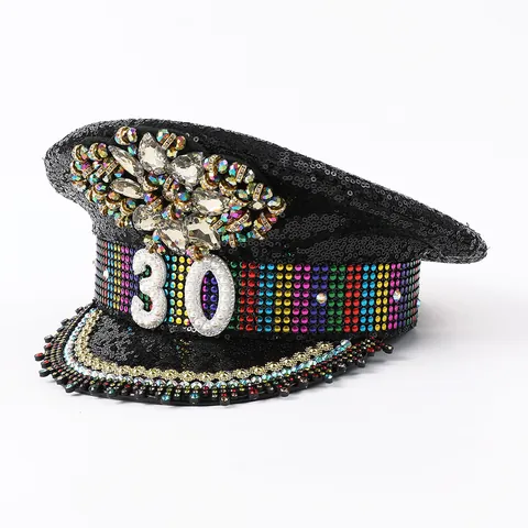 Y2K Luxus Strass Kapitänshut Für Damen Herren Perle Nummer 18 21 30 40 Geburtstag Party Bühne Pailletten Militärhut
