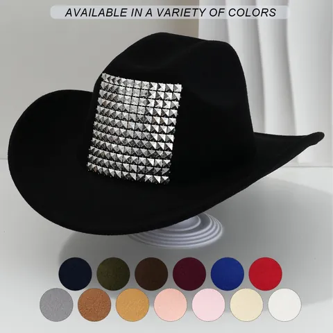 Unisex Western Cowboy Hat Polyester Large 3D Rivet Decoration Retro Party Stage Hat Wide Brim Fashion Accessories