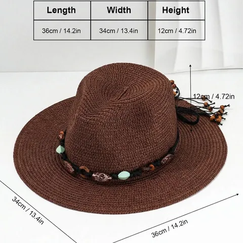 Western Cowboy Style Straw Hat For Women Bohemian Panama Sun Hat With Green Stone Beaded Decoration Foldable Wide Brim Beach Vacation Hat