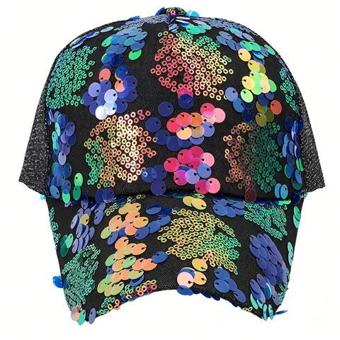 Y2K Retro Colorful Sequin Baseball Cap For Women Fashion Glitter Mesh Trucker Hat For Party Stage Performance Show Prop