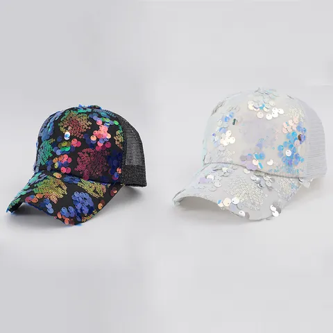 Y2K Retro Colorful Sequin Baseball Cap For Women Fashion Glitter Mesh Trucker Hat For Party Stage Performance Show Prop