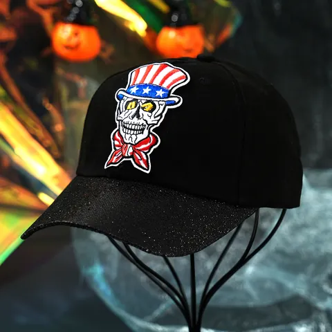 Hip Hop Unisex Baseball Cap Black Woven Hat With Skull Rose Spider Embroidery Glitter Brim Curved Visor Fashion Cap