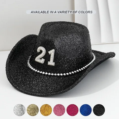 Damen Herren Pailletten Cowboyhut Glitter Fedora Künstliche Perle Nummer 21 Besetzt Breite Krempe Hut Für Musikfestival Geburtstag