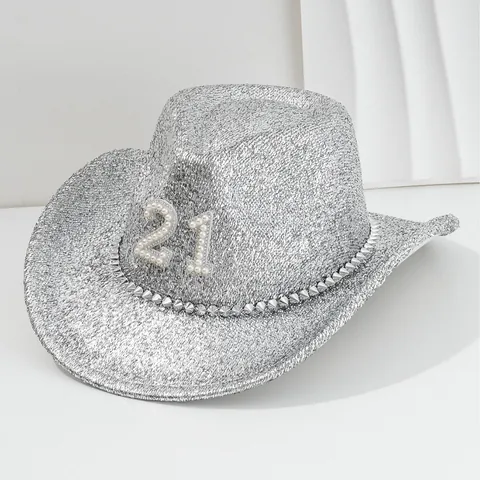 Damen Herren Pailletten Cowboyhut Glitter Fedora Künstliche Perle Nummer 21 Besetzt Breite Krempe Hut Für Musikfestival Geburtstag