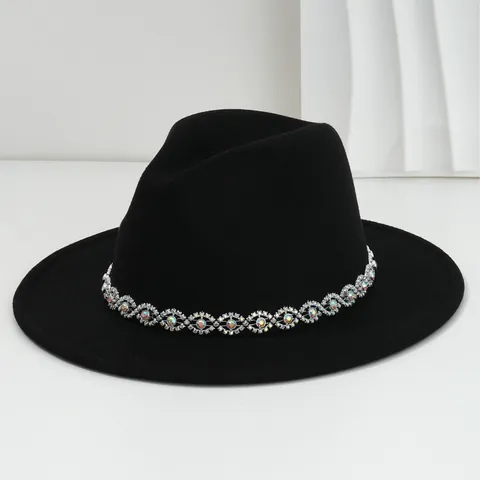 Unisex Bohemian Fedora Hat Wide Brim Polyester Felt Hat With Rhinestone Eye Band Retro Party Dress Jazz Hat For Women Men