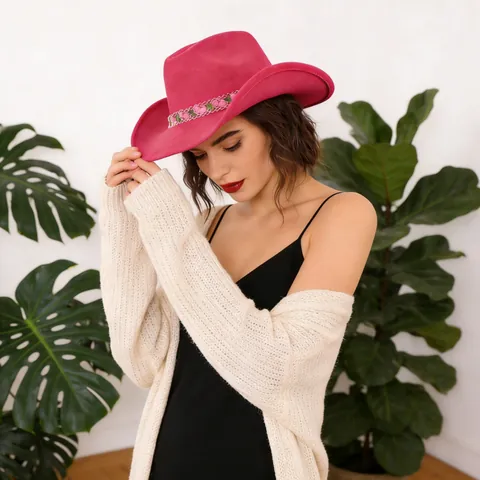Vintage Filz Cowboyhut Für Damen Mit Rosenstickerei Netzband Western Filzhut Süßes Rosa Party Zubehör Valentinstag Geschenk