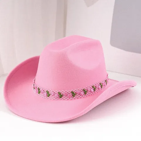 Vintage Filz Cowboyhut Für Damen Mit Rosenstickerei Netzband Western Filzhut Süßes Rosa Party Zubehör Valentinstag Geschenk