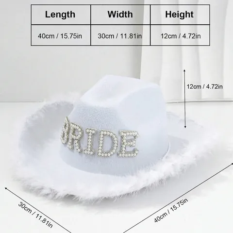 Cappello da Cowboy Sposa Bianco con Strass e Perle Lettera Fedora con Frange di Piume per Matrimonio Fidanzamento Addio al Nubilato Donna