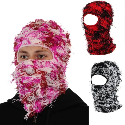 Distressed Shaggy Camouflage Balaclava Knitted Full Face Ski Mask Warm Winter Unisex Individual Trend Shaggy Tassel Pullover Hat