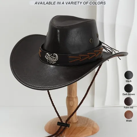 Vintage Western Cowboyhoed PU-leer Metalen Schorpioen Decoratie Brede Rand Verstelbaar Winddicht Touw Voor Heren Dames Rodeo Feest