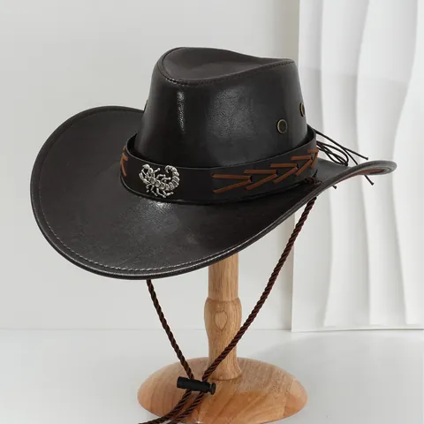 Vintage Western Cowboyhoed PU-leer Metalen Schorpioen Decoratie Brede Rand Verstelbaar Winddicht Touw Voor Heren Dames Rodeo Feest