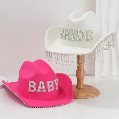 Women Wool Felt Fedora Hat With Artificial Pearl Rhinestone Bride Letter Tassel Western Cowboy Hat For Wedding Party Vacation Accessories