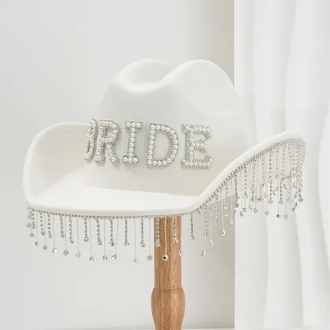 Women Wool Felt Fedora Hat With Artificial Pearl Rhinestone Bride Letter Tassel Western Cowboy Hat For Wedding Party Vacation Accessories