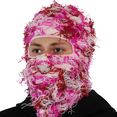 Distressed Shaggy Camouflage Balaclava Knitted Full Face Ski Mask Warm Winter Unisex Individual Trend Shaggy Tassel Pullover Hat