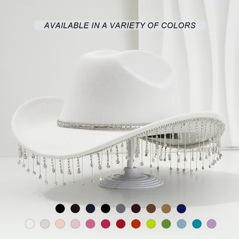 Luxurious Polyester Women Cowboy Hat Sparkling Rhinestone Fringe Tassel Fedora Wide Brim Party Music Festival Western Hat