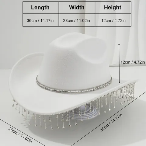 Luxurious Polyester Women Cowboy Hat Sparkling Rhinestone Fringe Tassel Fedora Wide Brim Party Music Festival Western Hat