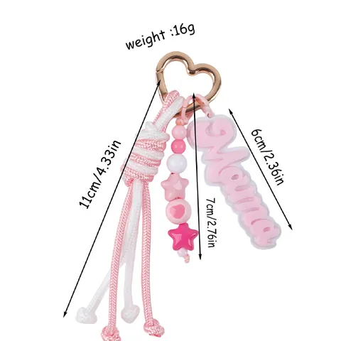 Handmade Braided Rope Mama Letter Keychain Acrylic Heart Clasp Bag Charm Sweet Colorful Beads Pendant Women Key Ring Accessory
