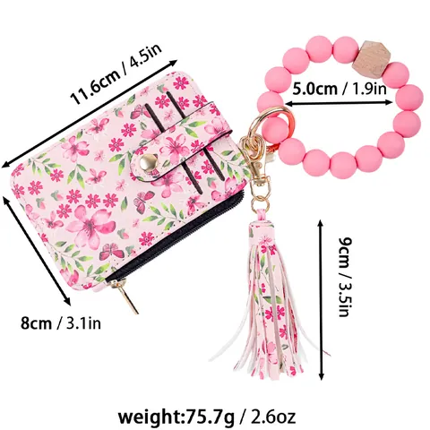 Floral Print PU Leather Card Holder Wallet With Silicone Bead Wristlet Keychain Tassel Bangle Wallet For Women Daily Use