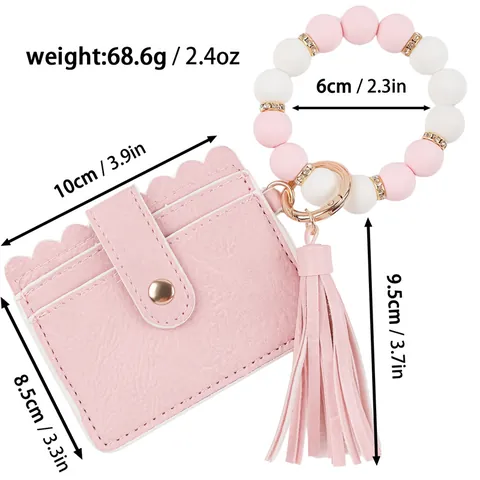 Silicone Beaded Wristlet Keychain With PU Leather Card Holder Wallet Tassel Wave Edge Bracelet Key Ring For Women Gift