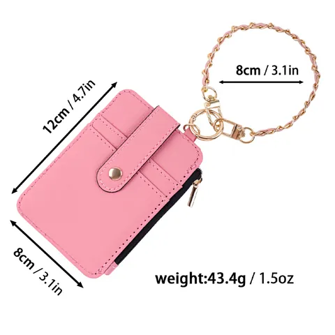Multi Functional Litchi Texture PU Leather Card Holder With Zipper Pocket Transparent ID Window Metal Wrist Chain For Women