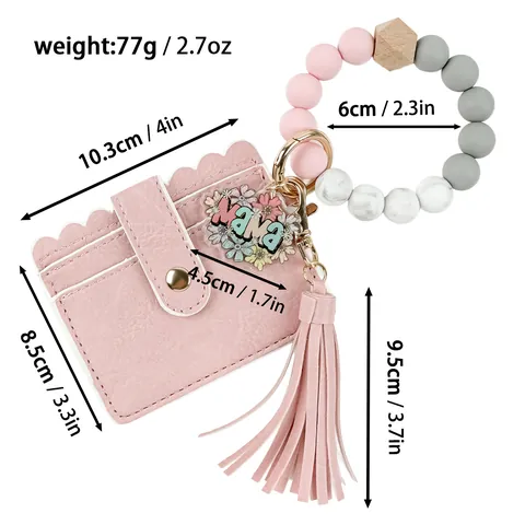 PU Leder Kartenhalter Schlüsselanhänger Mit Silikon Perlen Armband Quaste Mama Acryl Anhänger Tasche Anhänger Für Damen Alltagszubehör