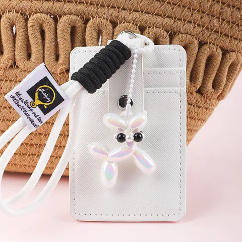 Portable PU Leather Card Holder With Braided Rope Balloon Dog Keychain Artificial Pearl Cute ID Badge Case For Women Students