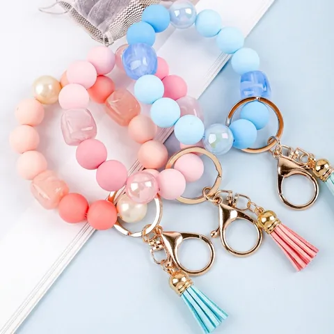 Candy Color Acrylic Stone Keychain Wristlet For Women Beaded Bracelet Key Ring With Leather Tassel Anti-lost Fashion Bag Pendant Decoration