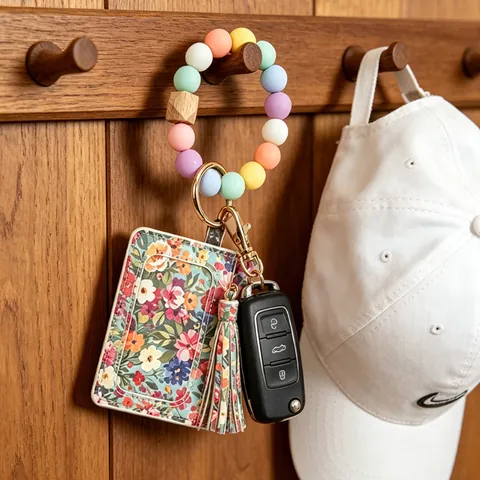 Porte-cartes Imprimé Floral pour Femmes Avec Bracelet en Perles de Silicone Coloré Porte-clés Pompon Monnayeur à Fermeture Éclair