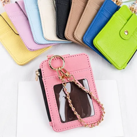 Multi Functional Litchi Texture PU Leather Card Holder With Zipper Pocket Transparent ID Window Metal Wrist Chain For Women