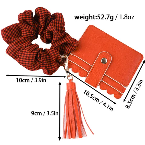 Fashion PU Leather Card Holder Keychain Set With Tassel And Checkered Hair Scrunchie Wristlet Multi Slot Bank Card Bag For Women Students