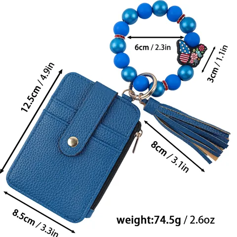 Women PU Leather Litchi Texture Card Holder Keychain Wristlet Silicone Beaded Strap Tassel Zipper Coin Purse Wallet