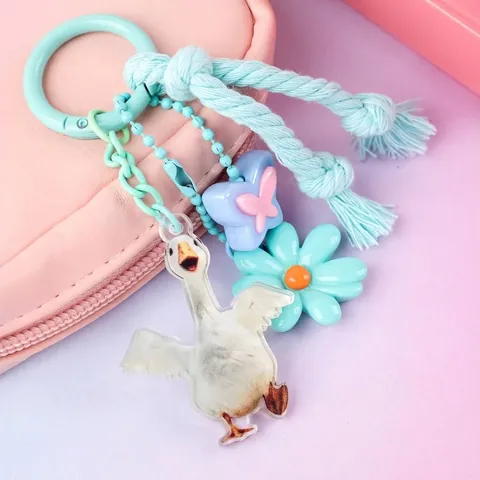 Ins Style Silicone Acrylic Goose Flower Butterfly Keychain Bag Pendant Charm Macaron Color Bead Chain Car Key Ring For Women Gift