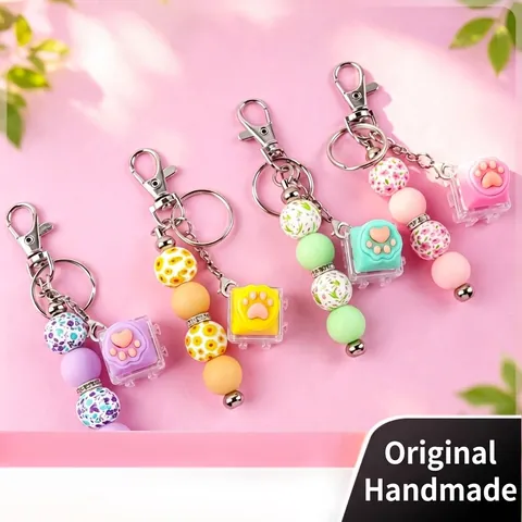 Cute Silicone Beaded Keychain With Cat Paw Fidget Keycap Decompression Toy Balloon Dog Bag Pendant For Women Girls Gift Accessory