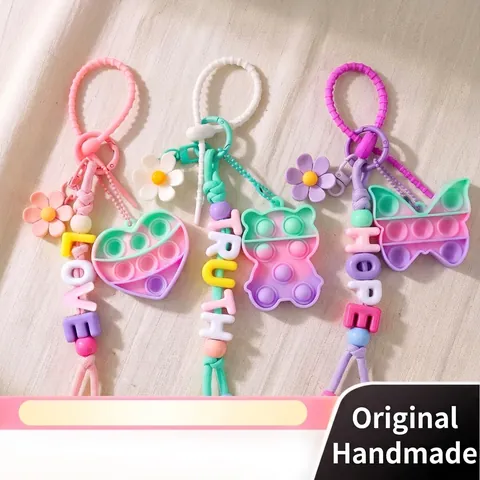 Colorful Silicone Beaded Bag Charm Silicone Pop It Stress Relief Toy Keychain Macaron Flower Alphabet Heart Bear Butterfly Pattern Pendent For Women Kids Bag Decoration Gift