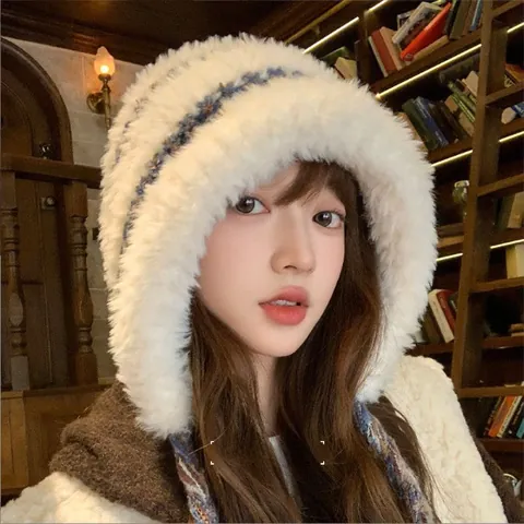 Women Winter Warm Faux Fur Ear Flap Hat Korean Style Plush Striped Beanie With Knitted Straps Thick Windproof Outdoor Riding Hat