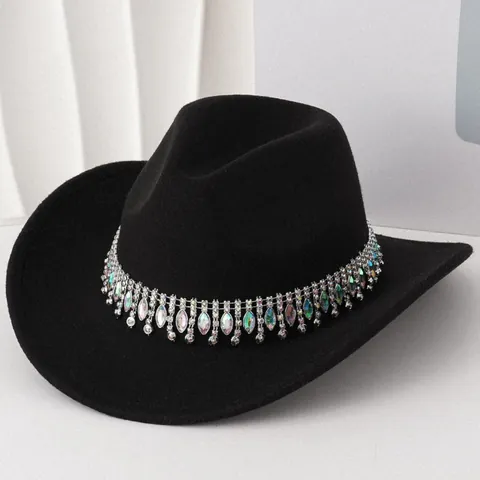 Sombrero Fedora de Fieltro Western Cowboy Con Cadena de Flecos de Borlas de Cristal y Estrás de Doble Fila Para Mujer Hombre Sombrero de Jazz de Fiesta Vintage de Ala Ancha