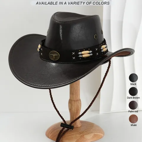 Retro PU-Leder Western Cowboyhut Mit Metall-Stierkopf-Emblem Perlen Schwerhandwerk Biker Bühne Aufführung Hut Für Damen Herren
