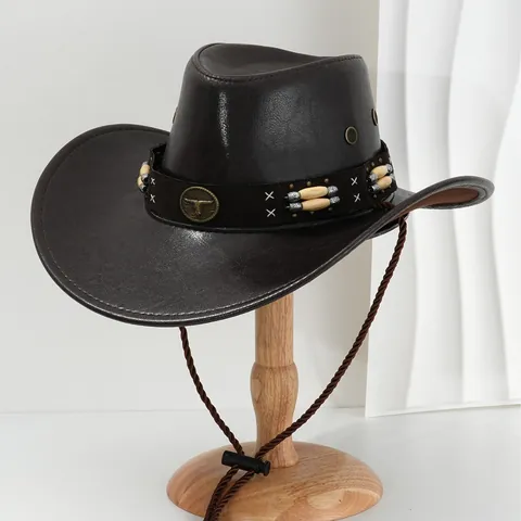 Retro PU-Leder Western Cowboyhut Mit Metall-Stierkopf-Emblem Perlen Schwerhandwerk Biker Bühne Aufführung Hut Für Damen Herren