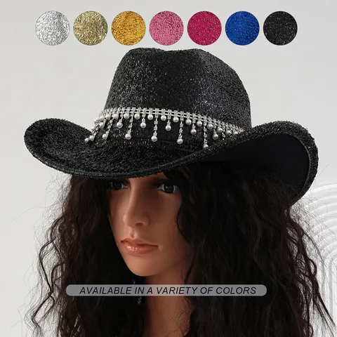 Luxury Brushed Polyester Cowboy Fedora Hat With Rhinestone Band And Artificial Pearl Pendants For Wedding Party Unisex Costume Hat