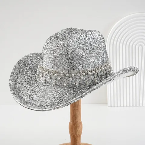 Luxury Brushed Polyester Cowboy Fedora Hat With Rhinestone Band And Artificial Pearl Pendants For Wedding Party Unisex Costume Hat