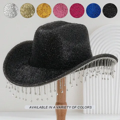Women Men Western Cowboy Hat Sequin Glitter Rhinestone Tassel Wide Brim Fedora Stage Performance Wedding Party Cowgirl Hat